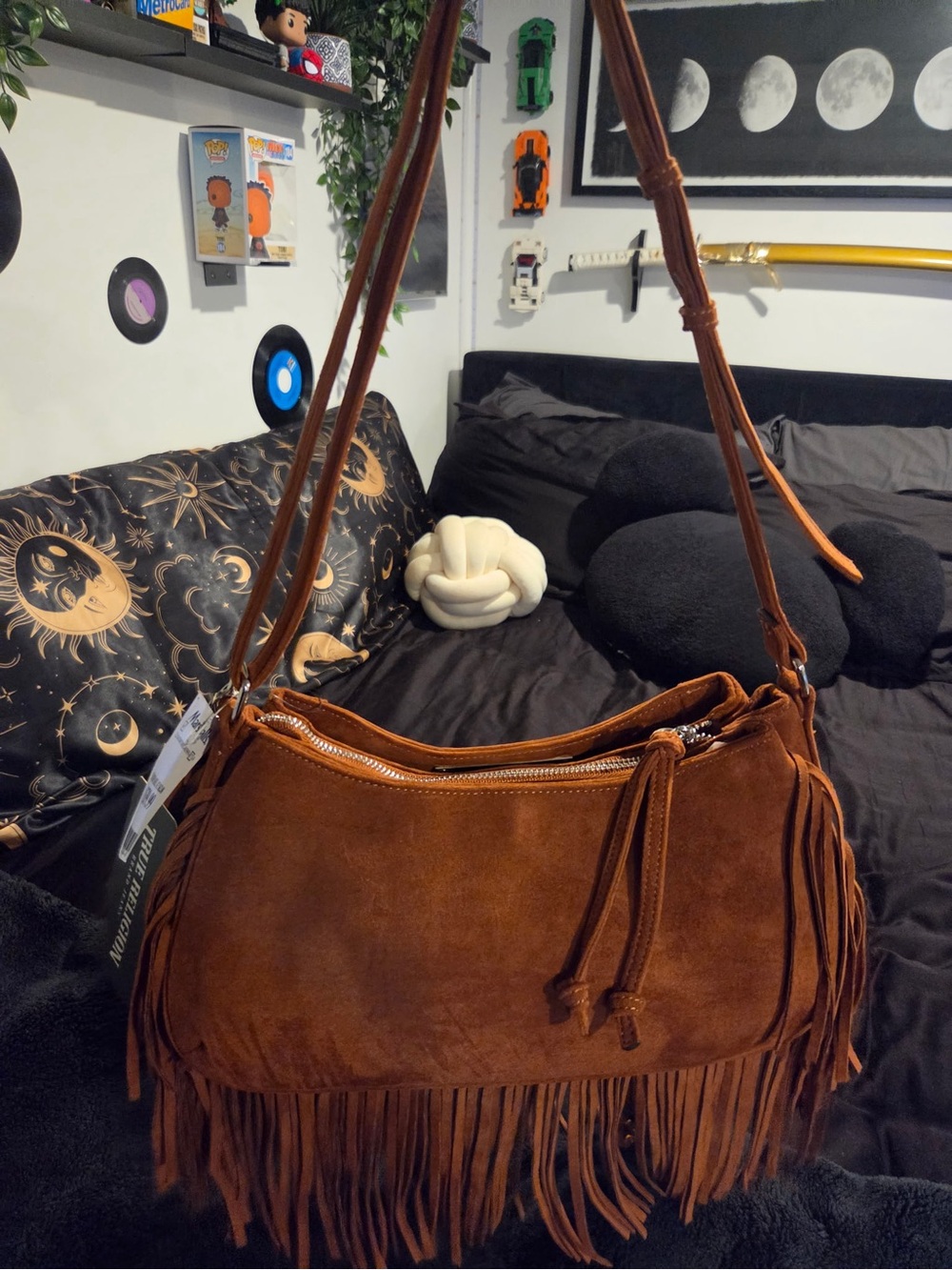 True Religion Faux suede fringe purse with silver studs and a heart charm - Picture 8 of 10